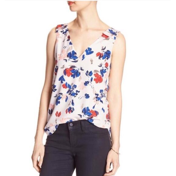 Banana Republic Printed Crepe V-Neck Tank Top White Blue Red Size Small Petite - Picture 1 of 6